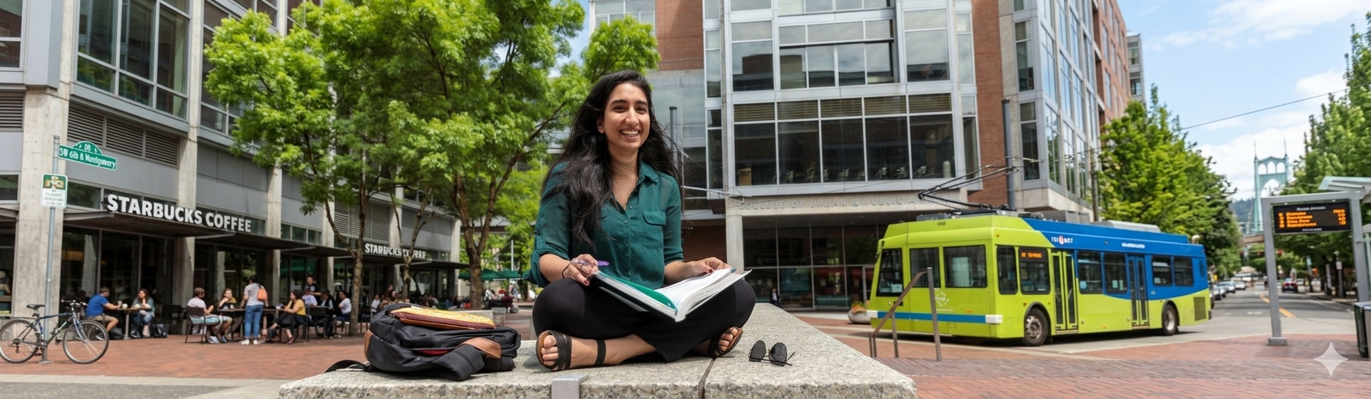 Student Sitting outside on PSU's campus studying